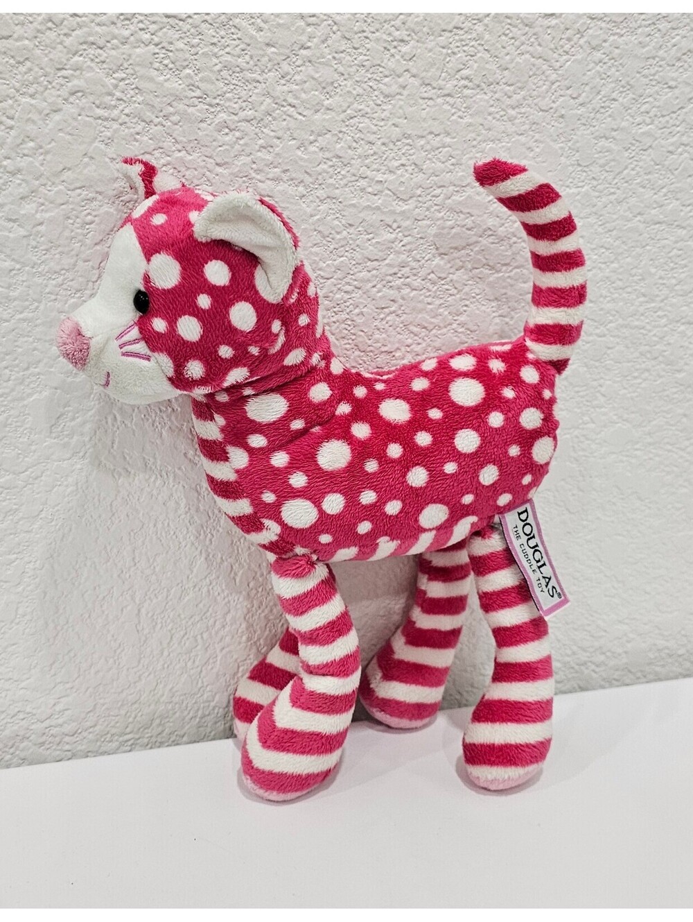 Douglas Cuddle Toys Pink White Polka Dot Striped Cat Plush 10" Discontinued